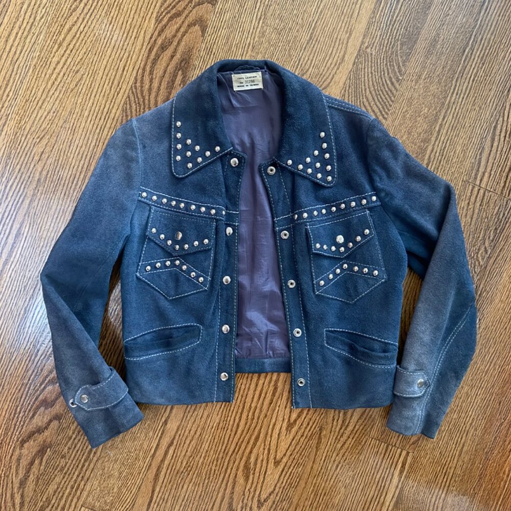 Vintage Suede Studded Western Jacket – Indigo Blue / Cropped Fit